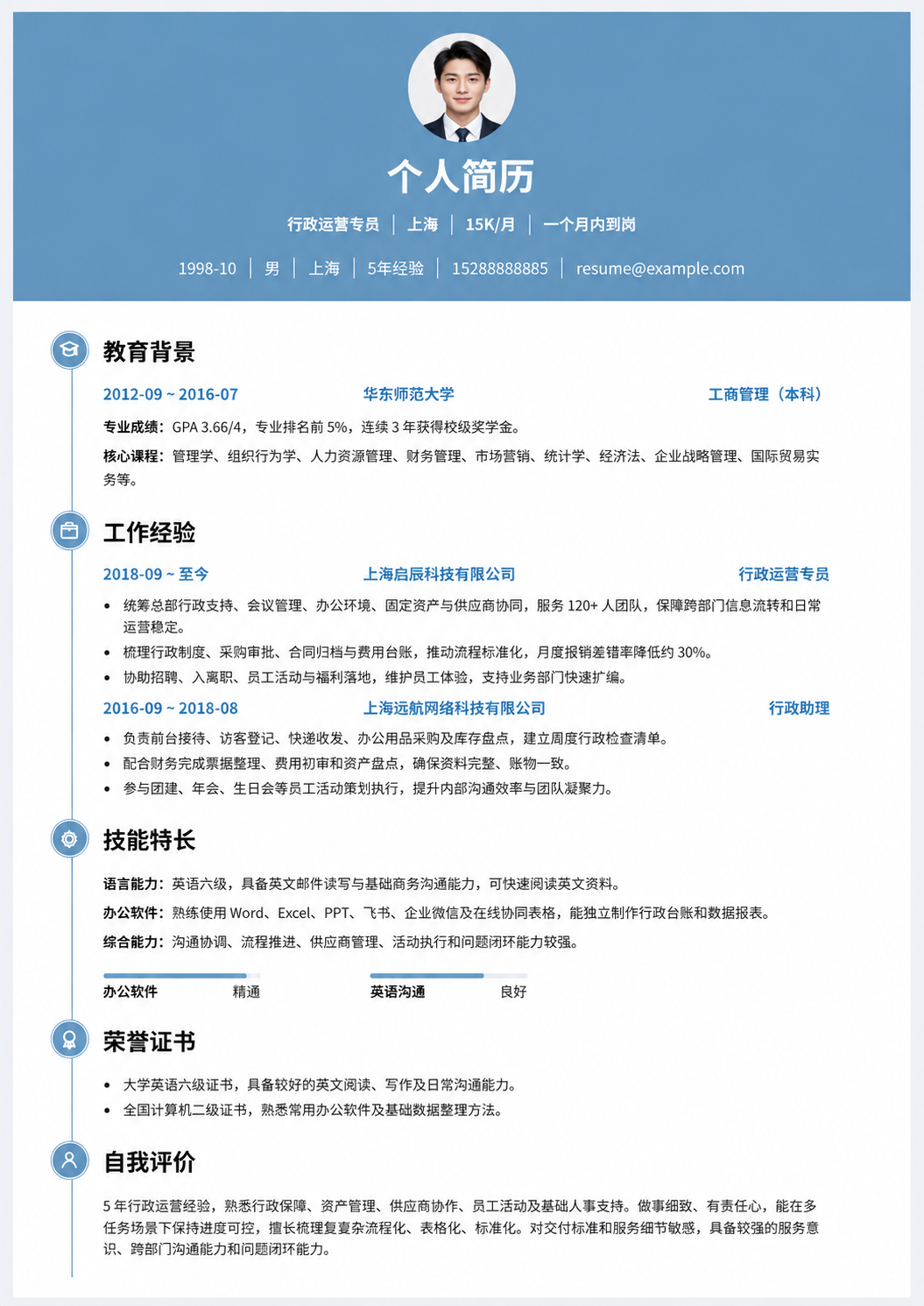 行政运营专员简历模板预览图