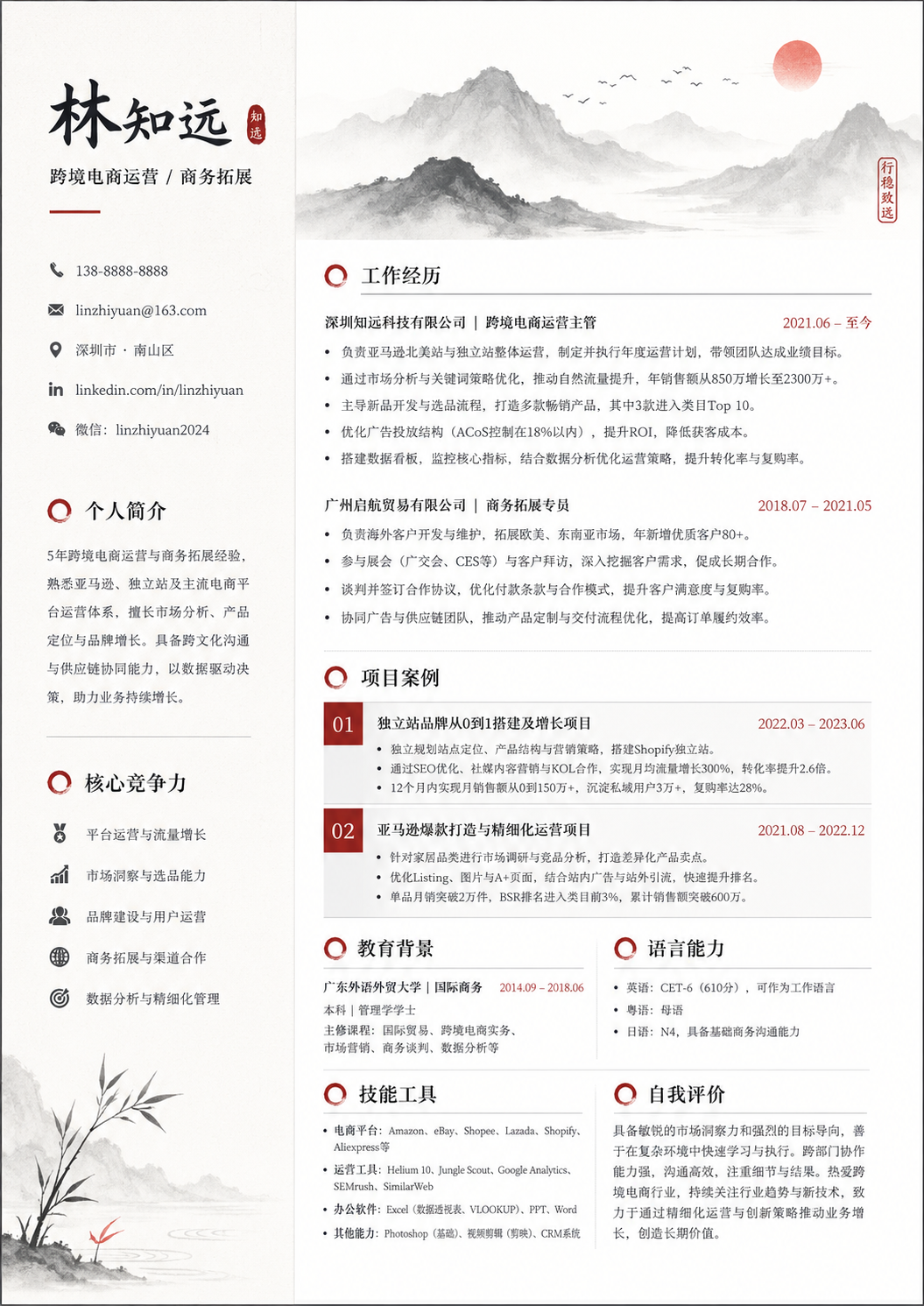 跨境电商运营简历模板预览图