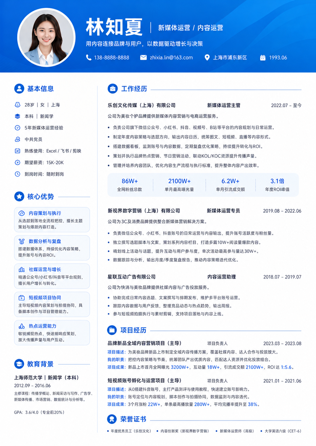 新媒体运营 / 内容运营简历简历模板预览图
